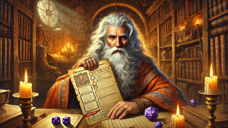 A painting of an elderly wizard in his study holding up a copy of the new 2024 DnD character sheet.