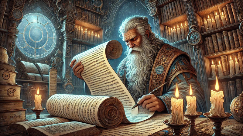 A DnD wizard looking over a list of errata in his study.