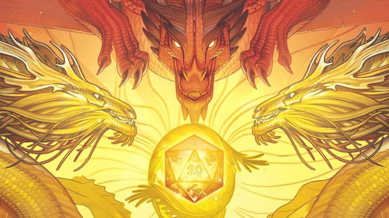 The cover art of the new 2024 DnD DM Scren, featuring a red dragon flanked by two gold dragons in front of a glowing 20-sided die.