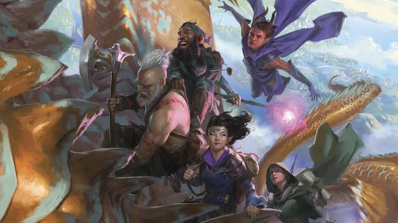 Official DnD art for the new 2024 Player's Handbook, featuring a group of adventurers riding on the back of a gold dragon.