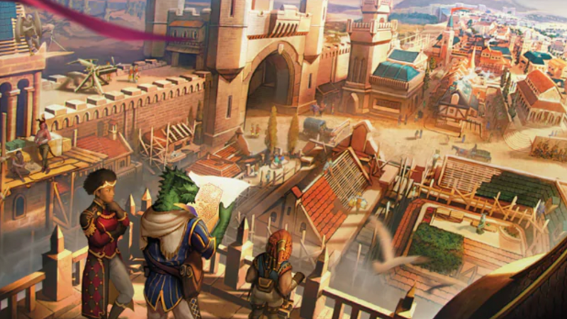 The box art for the new board game "Builders of Baldur's Gate," featuring a group of nobles looking out over the construction of a castle.