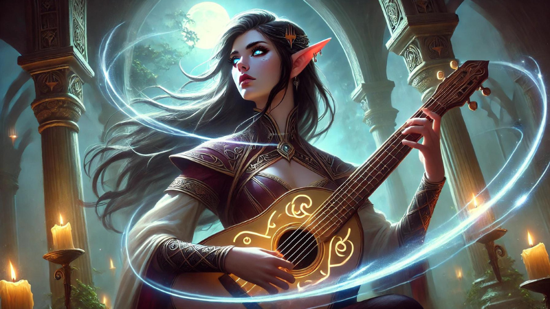 Art inspired by the upcoming DnD album "Bardic Inspiration," featuring a beautiful female elf playing a lute on a moonlit night.