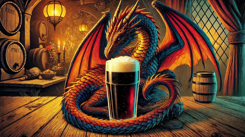 A painting of a small red D&D dragon curled around a pint of beer in a fantasy tavern.