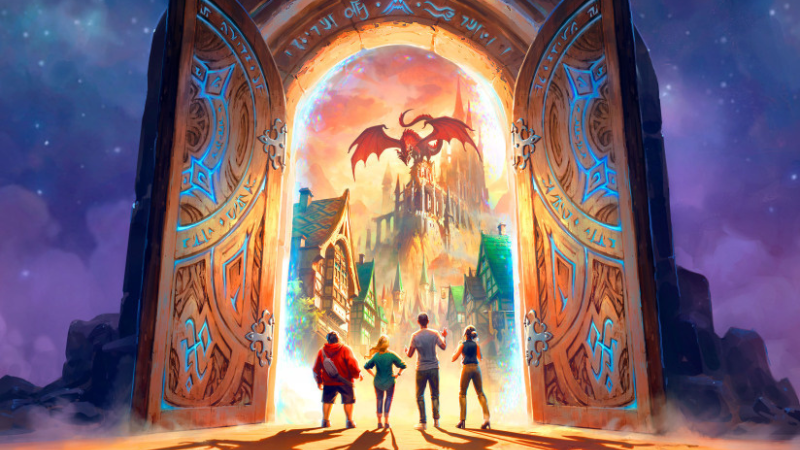 Promotional art for "D&D: The Immersive Quest," featuring four people entering a magical doorway and facing down a red dragon.