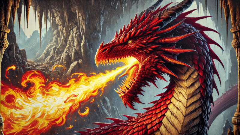 Artwork for the Universal Studios D&D Fan Nights, featuring a red dragon in a cavern breathing fire.