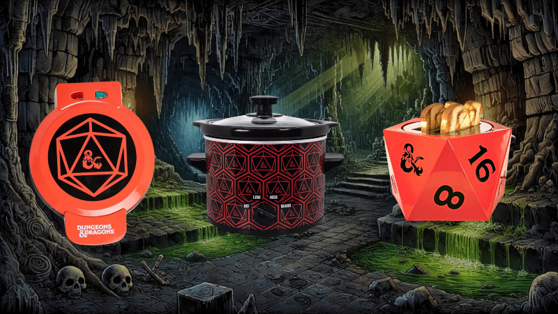 A collection of random DnD merch, including a waffle maker, slow cooker and toaster.