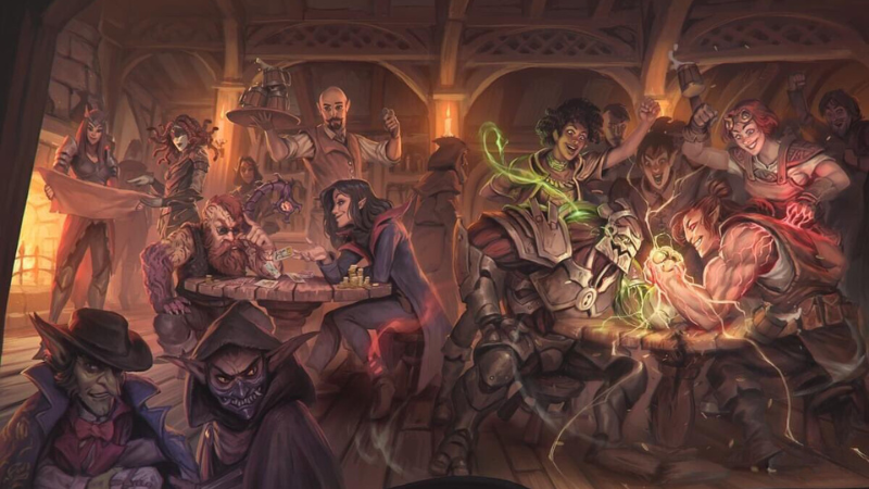 Interior art from the new DnD 5e sourcebook "Frontiers of Eberron: Quickstone," featuring a Wild West-style fantasy saloon filled with a variety of rowdy adventurers.