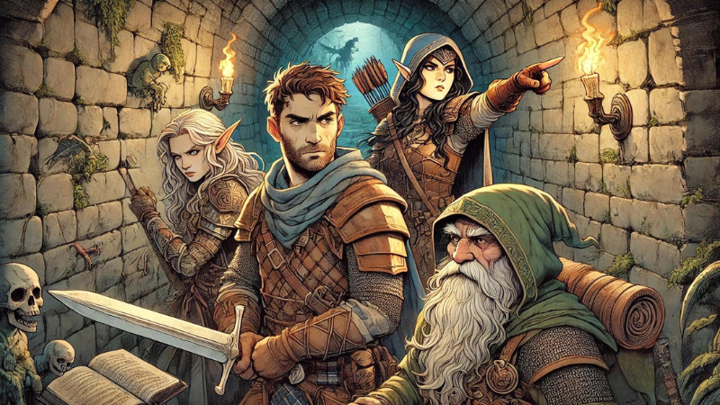 Promotional art for "The Immersive Quest: A D&D Experience," featuring four adventurers trying to find their way out of a dungeon.