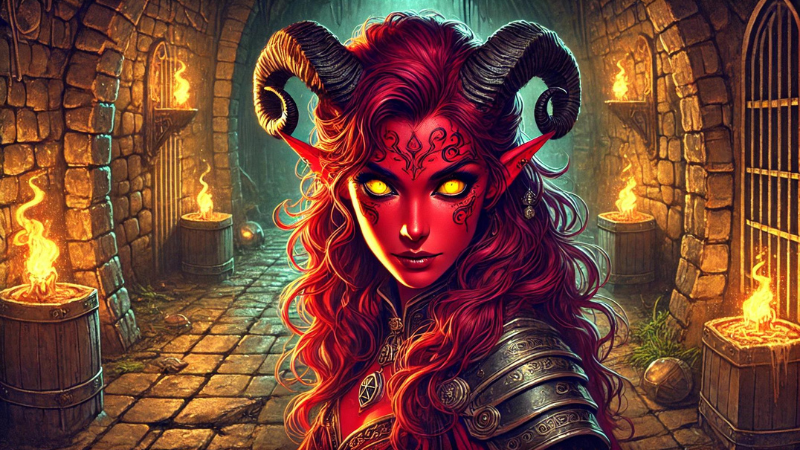 New 2024 DnD artwork featuring a red-skinned female tiefling in a dungeon.