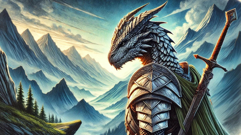 New DnD 2024 artwork featuring a silver-scaled dragonborn fighter looking out over a beautiful mountain vista.