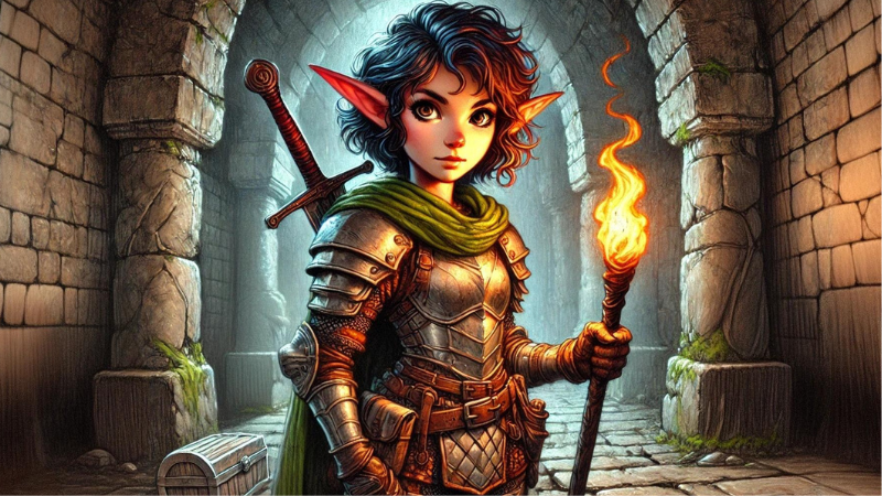 New 2024 DnD artwork of a female gnome adventurer in the depths of a dark dungeon.