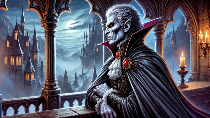 Concept art for the new 2025 DnD Ravenloft Novel, featuring the vampire lord Strahd looking out over his dark domain on a moonlit night.