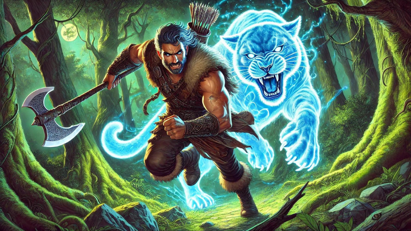 New DnD 2024 artwork, featuring a Path of the Wild Heart Barbarian charging through a forest with the glowing magical animal spirt of a cougar following behind him.