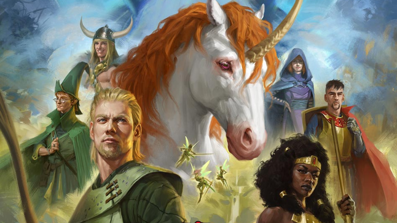 The covert art for the DnD Beyond adventure "Uni and the Hunt for the Lost Horn," featuring modern versions of the characters from the 1980s D&D cartoon.