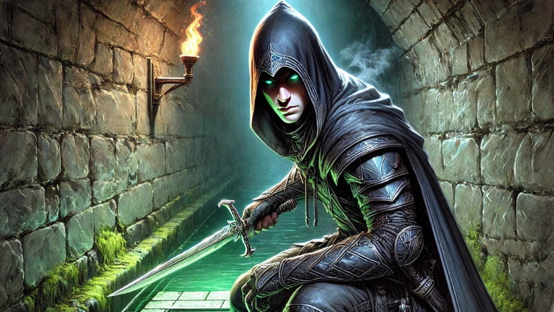 New DnD 2024 artwork featuring an Assasin with a glowing green dagger stalking through a torchlit sewer.