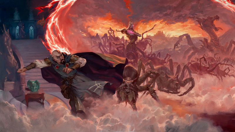 Art from the Beadle & Grimm's Platinum Edition Vecna: Eve of Ruin box set, featuring the wizard Mordenkainen battling the dreaded Lich Lord and an army of spiders.