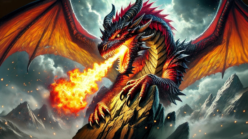 DnD 2024 artwork featuring a dragon perched atop a mountain breathing flames.