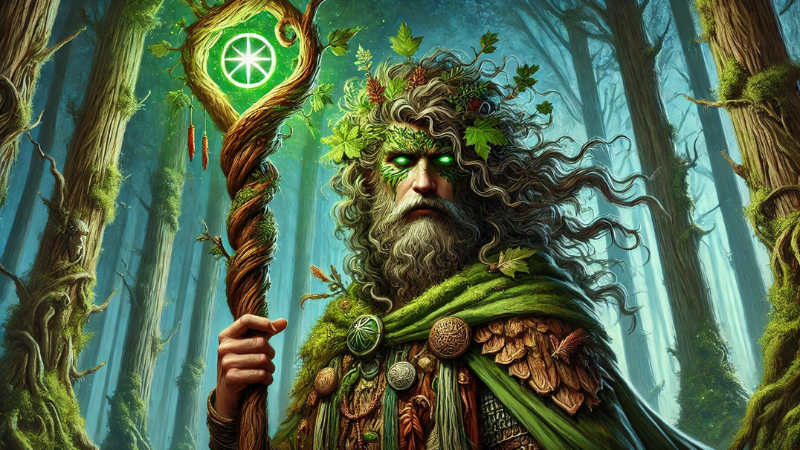 New DnD 2024 artwork featuring a Circle of the Land Druid holding a glowing green staff and standing in the depths of a forest.