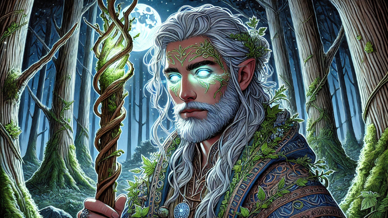 New DnD 2024 artwork featuring a male human Circle of the Moon Druid standing in a forest clearing at night, his eyes glowing with lunar magic.