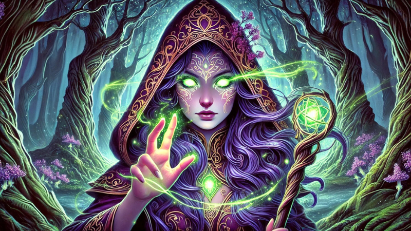 New DnD 2024 artwork featuring a female human Archfey Patron Warlock casting a spell in the depths of a mystical Feywild forest.