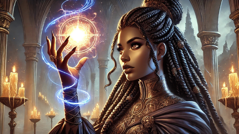 New 2024 DnD artwork featuring an beautiful dark skinned sorceress casting a spell in a set of ancient ruins.