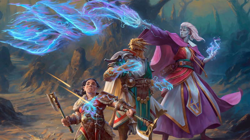 Official artwork from the 2025 D&D Forgotten Realm's Player's Guide, featuring a sorcerer casting a powerful spell next to two other adventurers.