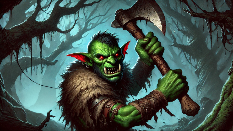 New DnD 2024 artwork featuring a goblin swinging an axe in a dark forest.