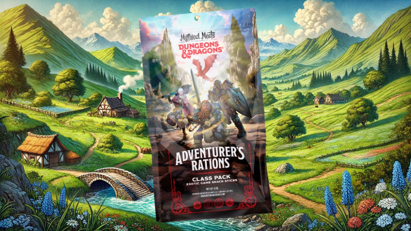 The Mythical Meats "Adventurer's Rations" snack pack set against the background of a fantasy countryside.