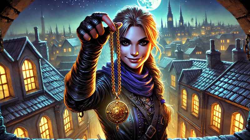 New DnD 2024 artwork for the upcoming D&D One-Shot Days, showing a grinning female thief holding out a golden necklace.