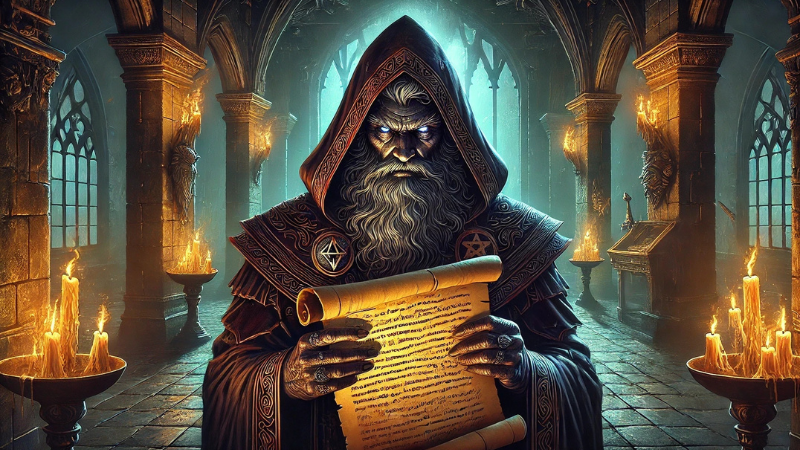 New DnD 2024 artwork featuring an evil wizard holding a sheet of paper in a throne room.