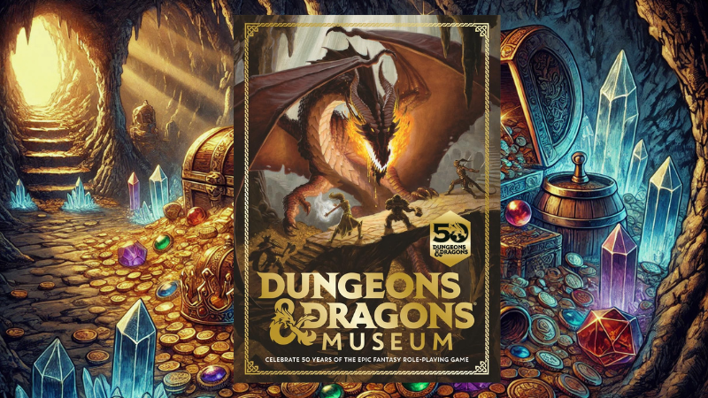 The cover to the book "Dungeons & Dragons Museum," set against a backdrop of a dragon hoard of treasure.