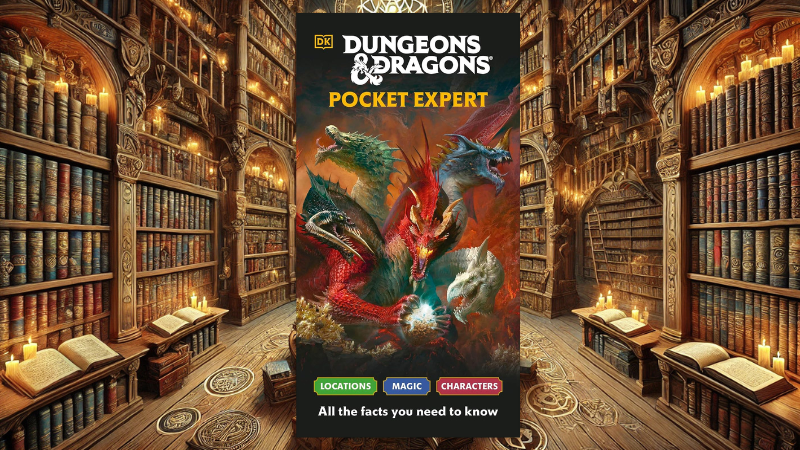 The cover to the Dungeons & Dragons Pocket Expert book against the backdrop of a fantasy library.