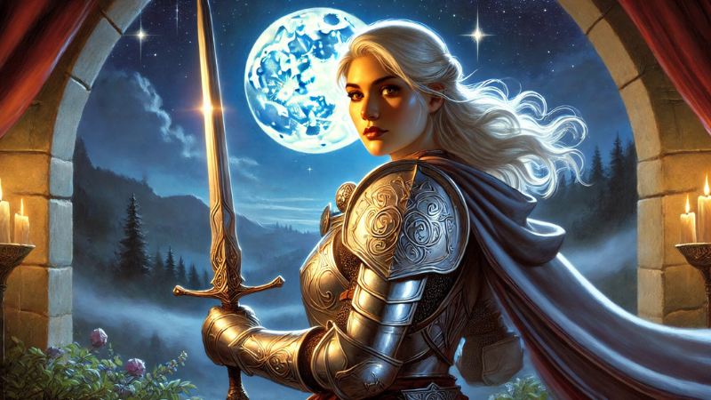 New concept art for the upcoming 2025 Forgotten Realms Campaign Guide, featuring a beautiful female paladin holding a sword with the full moon behind her.