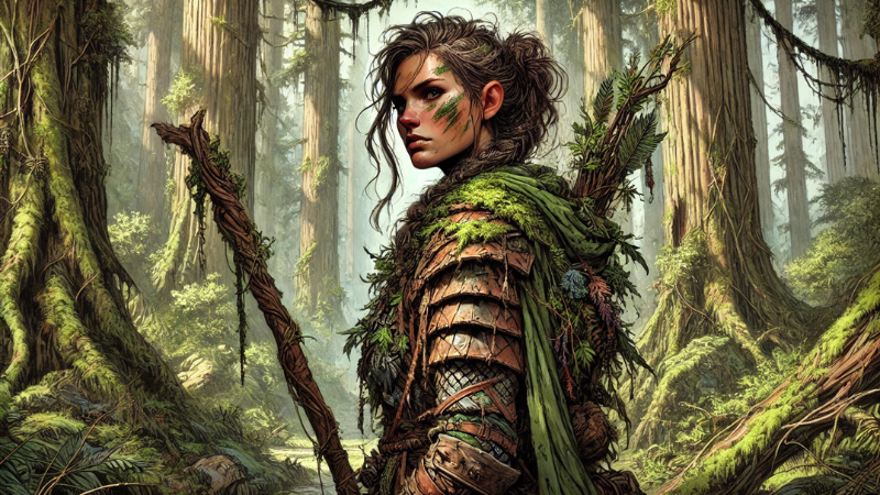 New concept art for the upcoming 2025 Forgotten Realms Player Guide, featuring a female druid standing in the depths of a forest.