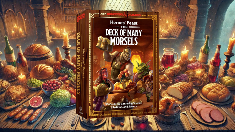 The cover of the Heroes Feast: Deck of Many Morsels box set set against a backdrop of a table full of food in a fantasy kitchen.