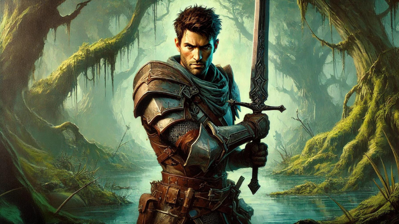 New 2024 DnD artwork featuring a human male fighter holding a broadsword in the depths of a creepy swamp.