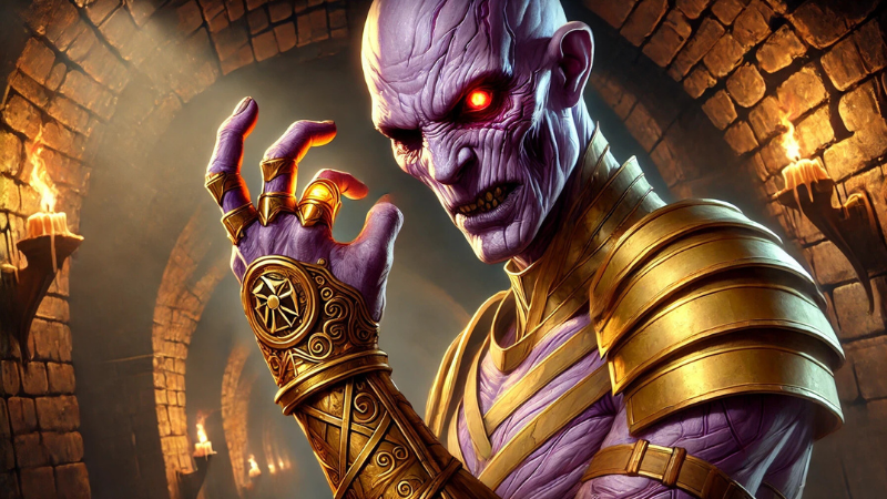 2024 DnD concept art for the Vecna Dossier, showing the arch-lich glowering and holding up one hand in a torch lit dungeon passage.