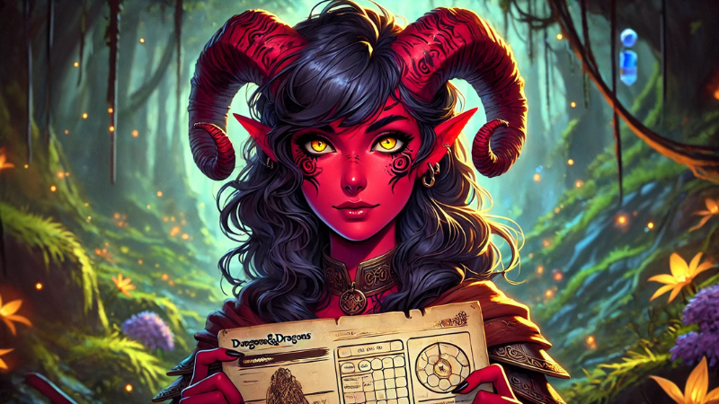 New DnD 2024 artwork featuring a red skinned female tiefling holding up a character sheet.