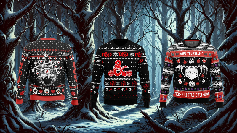 Three ugly DnD Christmas sweaters set against a winter forest backdrop.