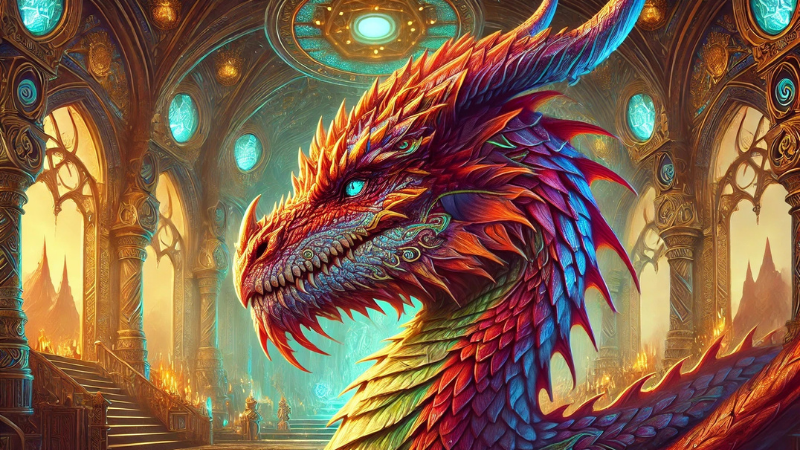 New DnD 2024 artwork featuring a stunning red dragon in a chamber filled with magical portals.