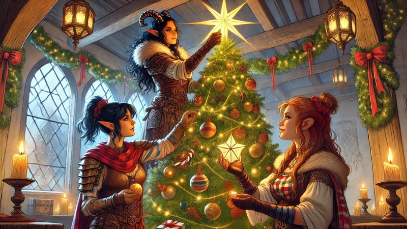 New 2024 DnD artwork featuring a group of adventurers decorating a Christmas tree with ornaments.