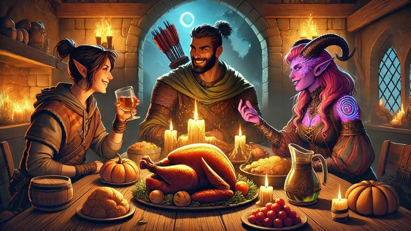 New D&D art featuring three adventurers in a fantasy tavern about to eat a Thanksgiving dinner.