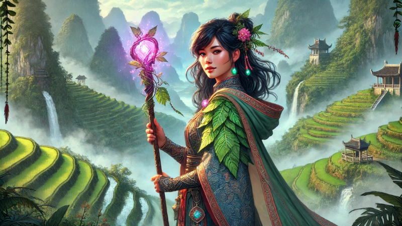 New 2024 DnD artwork featuring a beautiful female druid from Kara-Tur standing in front of a series of lush green hills and terraced rice paddies.