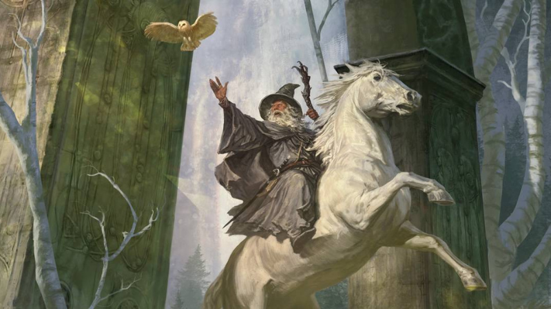 Art from the "Lord of the Rings Roleplaying" game on D&D Beyond, featuring Gandalf the Grey riding on a white stallion.