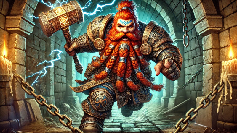 New concept art for Hasbro's upcoming D&D video game, featuring a dwarven warrior with a magical warhammer charging into battle in a dungeon.