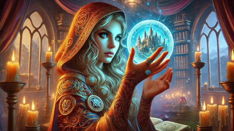 DnD 2024 artwork featuring a female wizard looking at a Bastion which has appeared in a glowing crystal ball in her study.