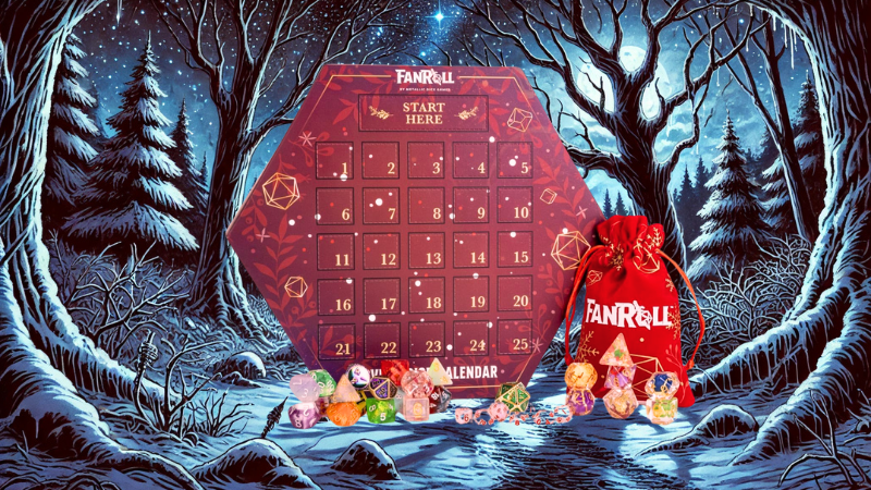 The Fanroll dice DnD advent calendar for 2024 set against a winter backdrop.