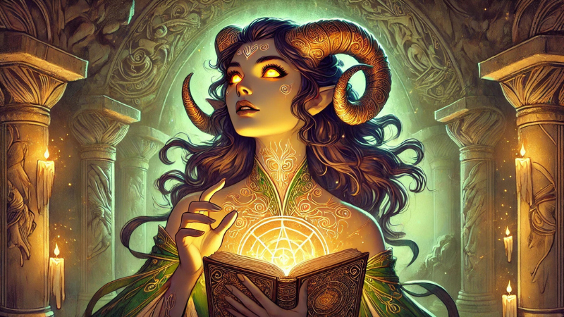 2024 DnD artwork featuring a beautiful female tiefling sorcerer holding open a magical book.