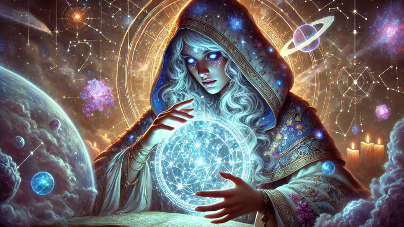 New DnD 2024 art featuring a female Circle of the Stars Druid casting a spell that has summoned a glowing celestial map.