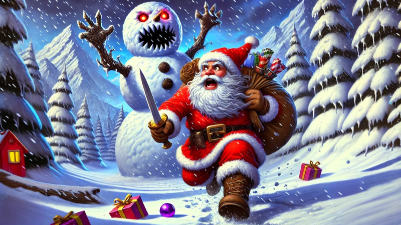 New 2024 DnD artwork featuring Santa wielding a sword and running away from a Christmas snowman monster.